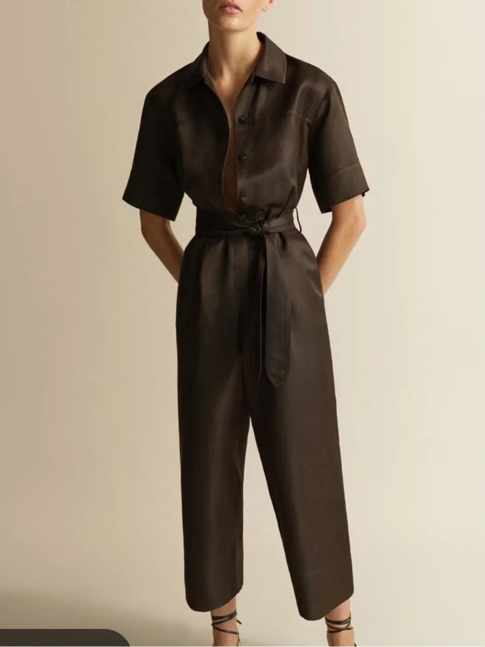 Massimo Dutti Dark Brown Short-Sleeve Belted Jumpsuit
